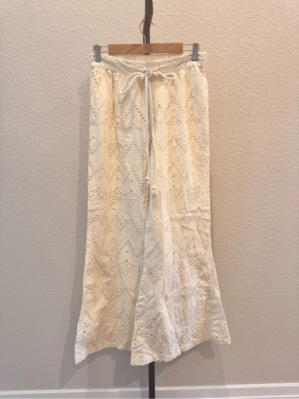 Free People Emma Embroidered Cream Eyelet Wide-Leg Pants